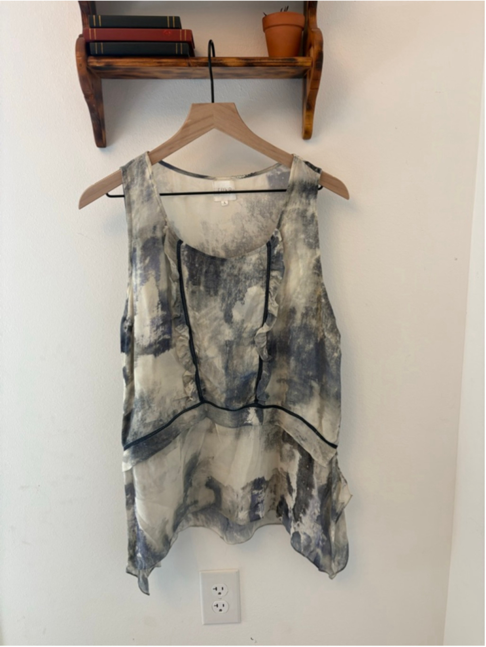 TryB 100% Silk Blouse Size L | Sheer Abstract Print Ruffle Trim Flowy Boho Chic